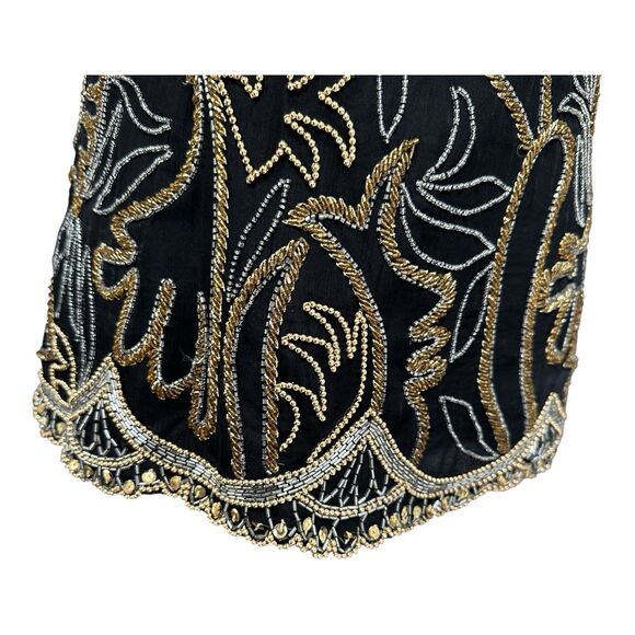 Vintage Lawrence Kazar Black Beaded Silk Top | Gold Silver Embellished | Size L - Picture 2 of 6